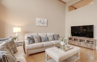 a living room with a couch and a coffee table and a television