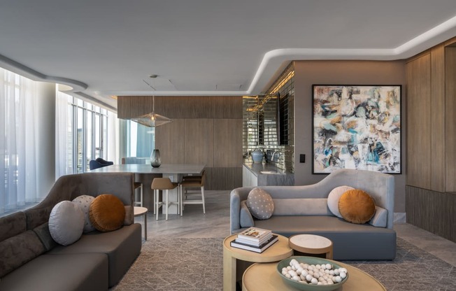 a rendering of a living room with couches and a table