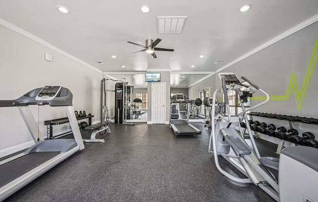 A gym with treadmills, elliptical machines, and weights.