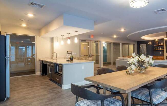 A large dining area with a communal table, ideal for hosting events or gatherings.