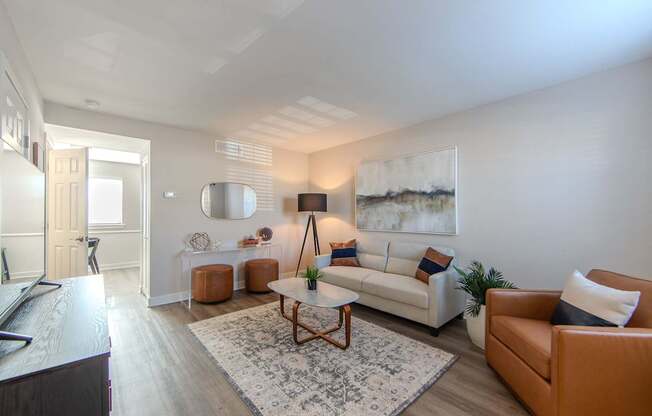 A living room with a white couch and a rug.