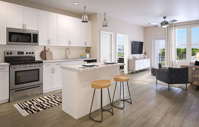 a kitchen and living room with an island and two stools