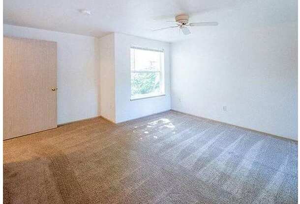 A room with a ceiling fan and a window with a view of trees.