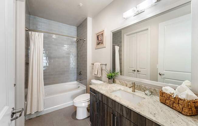 A bathroom with a white toilet, a sink, and a bathtub with a shower curtain.