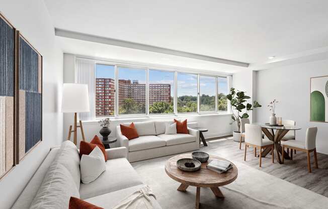 a living room with a couch and a table and a large window