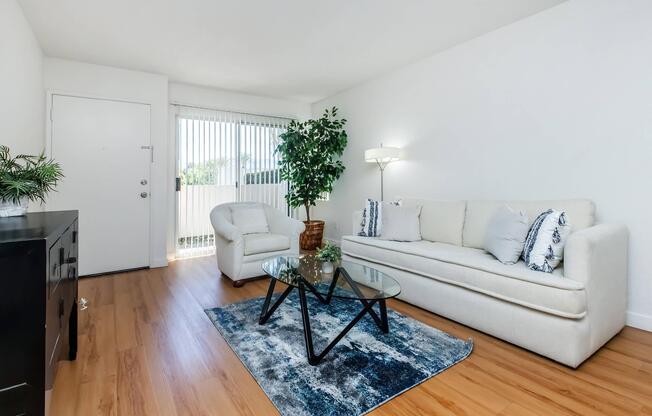 A modern living room with light-colored walls and wooden flooring. It features a white sofa with decorative pillows, a glass coffee table, and a cozy armchair. A tall plant in the corner adds a touch of greenery. Natural light comes in through vertical blinds on a window, enhancing the inviting atmosphere.