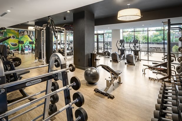 A gym with a variety of equipment including weights and a rowing machine.