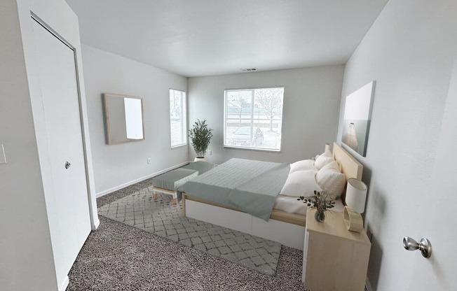 a bedroom with a bed and a window