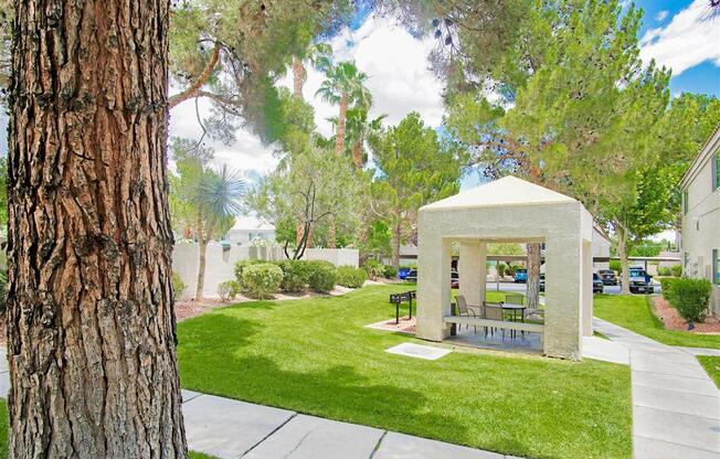 Gazebo with BBQ at Country Club at Valley View Senior Apartments in Las Vegas, NV, For Rent. Now leasing 1 and 2 bedroom apartments.