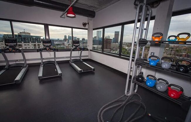 A gym with treadmills, kettlebells and a view of the city.