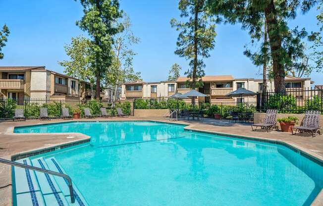 A swimming pool surrounded by trees and chairs.