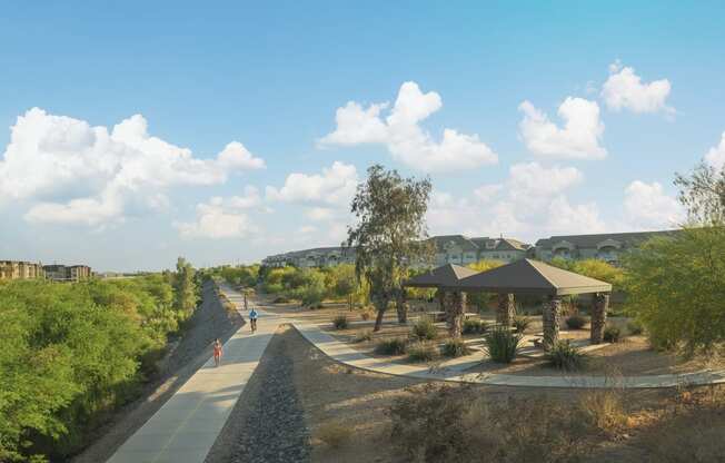 a rendering of a park with trees and people walking