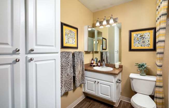 A bathroom with a toilet, sink, and mirror.