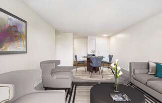 Living room looking into the dining area and kitchen. The front door is on the right, and a small closet separates the kitchen.at Wildflower, Kennewick