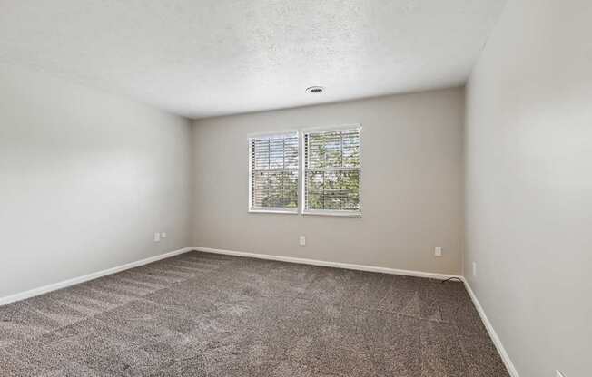 A room with a carpeted floor and a window with blinds.