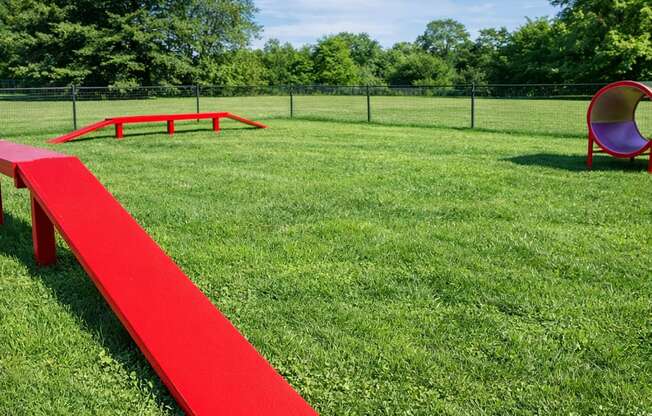 A red seesaw in a grassy park.