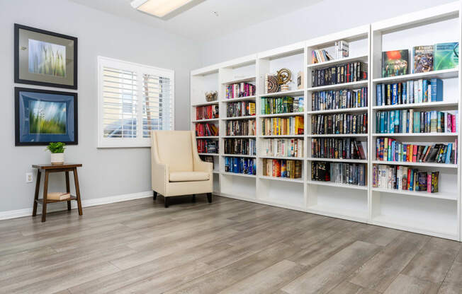 Library at 55+ FountainGlen Seacliff, Huntington Beach CA