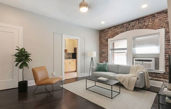 A living room with a grey couch, a brown chair, and a plant.