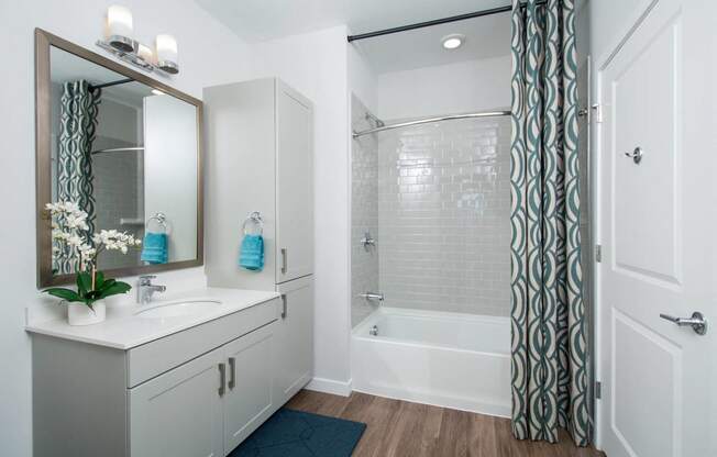 a bathroom with a shower and a sink and a mirror