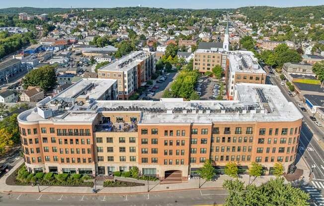 an aerial view of the administration building at The Merc, Waltham, MA, 02453