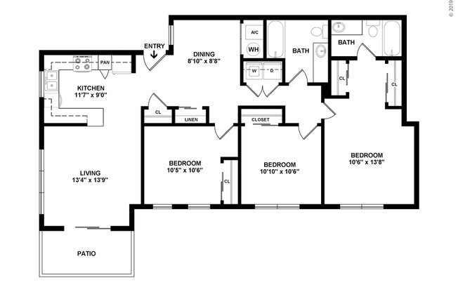 3 beds, 2 baths, 1,051 sqft, $1,313