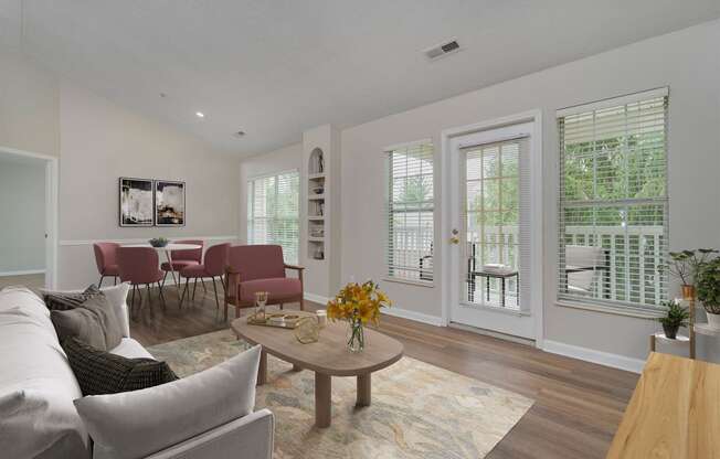 a living room with a couch and a table