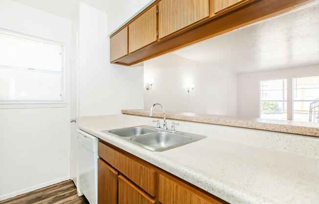 a kitchen with a sink and a window