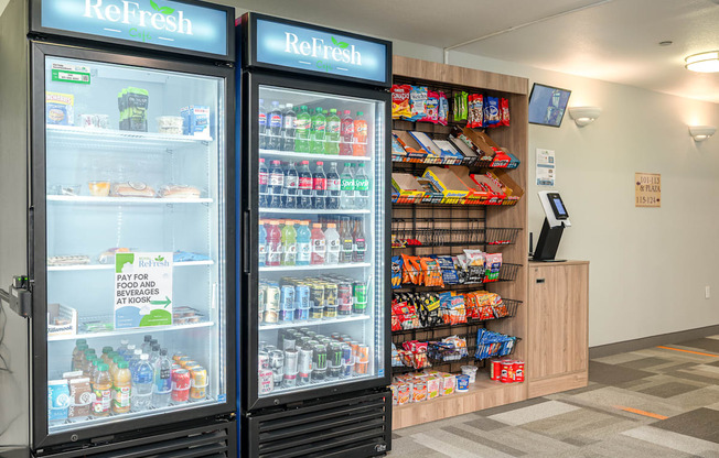A vending machine with a glass door and a sign that says