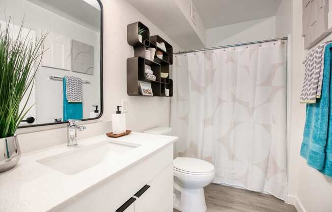 a bathroom with a shower and a toilet and a sink at Presidio Palms Apartments, Tucson, Arizona