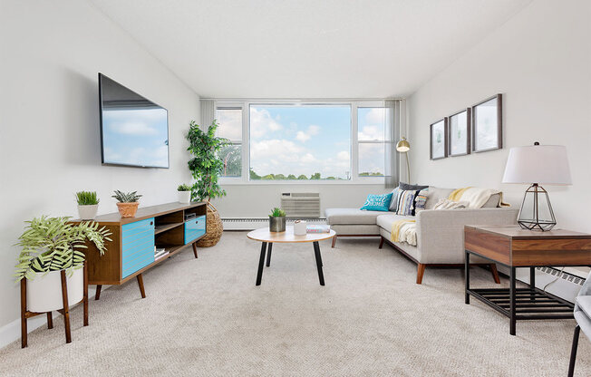 a living room with a couch and a tv and a window