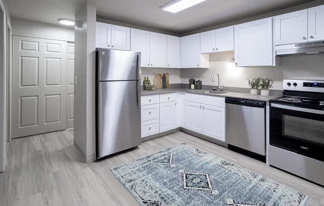 a kitchen with white cabinets and stainless steel appliances and a rug