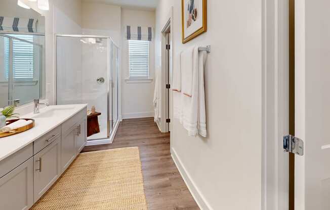 a bathroom with a shower and a sink and a mirror