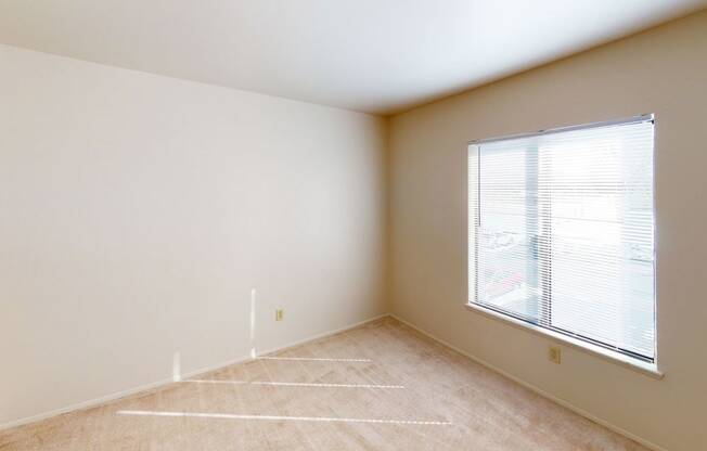 an empty bedroom with a large window and beige carpeting