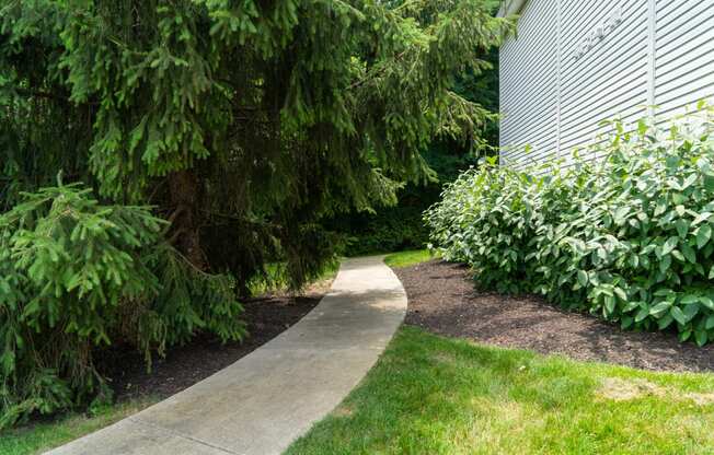 a sidewalk in a garden next to a building