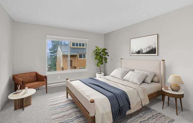 A bedroom with a large bed, a chair, a table, and a window with a view of a house outside.