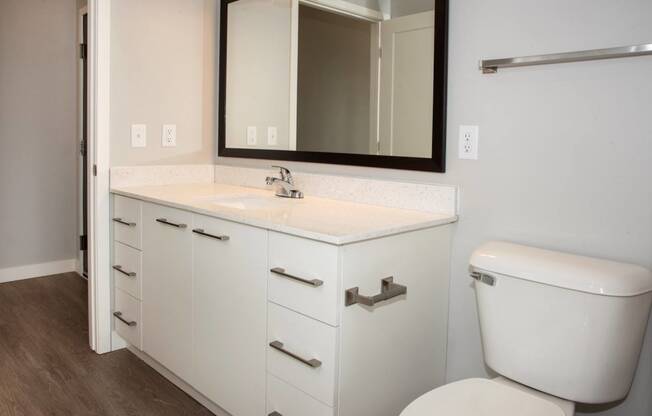 Large bathroom with quartz top at Urban Park I and II Apartments, St Louis Park