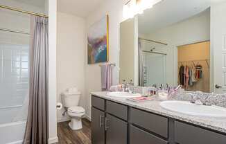 a bathroom with two sinks and a shower and a toilet