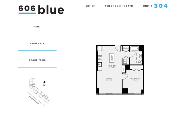 1 bed, 1 bath, 684 sqft, $2,900, Unit 304