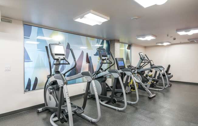 a gym with cardio machines and a wall mural of mountains