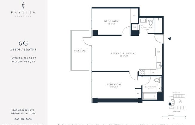 2 beds, 2 baths, 770 sqft, $3,600, Unit 6-G