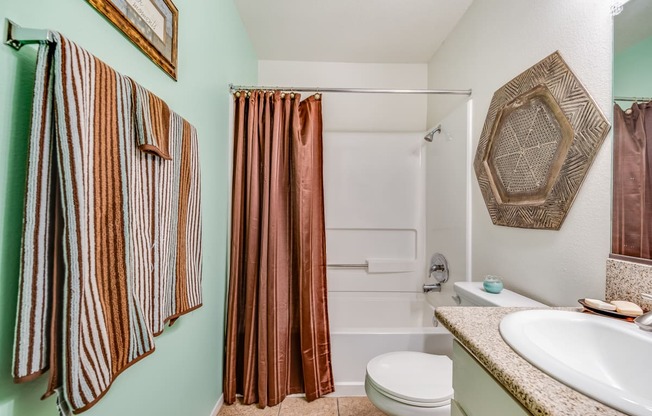 a bathroom with a white sink and toilet next to a shower with a curtain