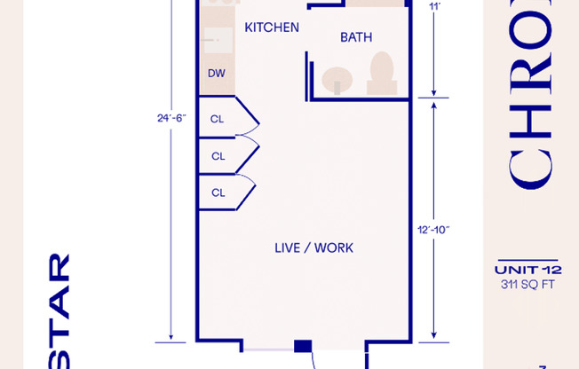 Studio, 1 bath, 311 sqft, $1,617, Unit 103