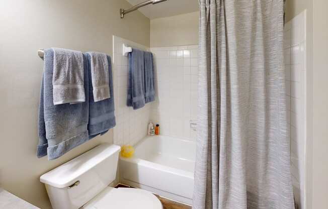 a bathroom with a white toilet next to a bathtub with a shower curtain