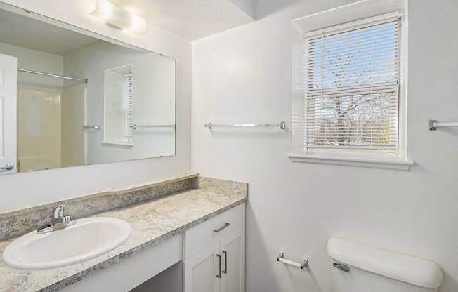 A bathroom with a sink, mirror, toilet, and a window with blinds at West Hampton Park Apartments in Elkhorn, NE 68022