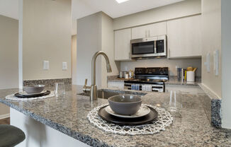 Renovated Kitchen with stainless steel appliances and granite countertops at Elme Germantown, Germantown Maryland