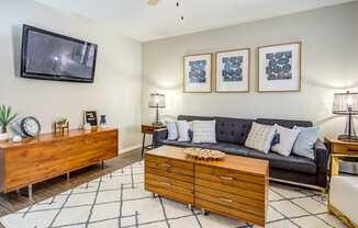 a living room with a couch and a tv at The Hub at Baton Rouge, Baton Rouge, LA