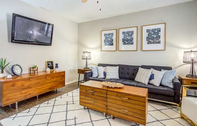 a living room with a couch and a tv at The Hub at Baton Rouge, Baton Rouge, LA