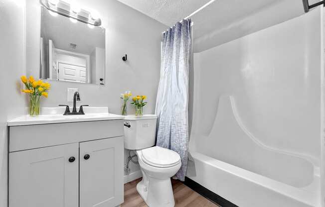 A white bathroom with a toilet, sink, and bathtub.