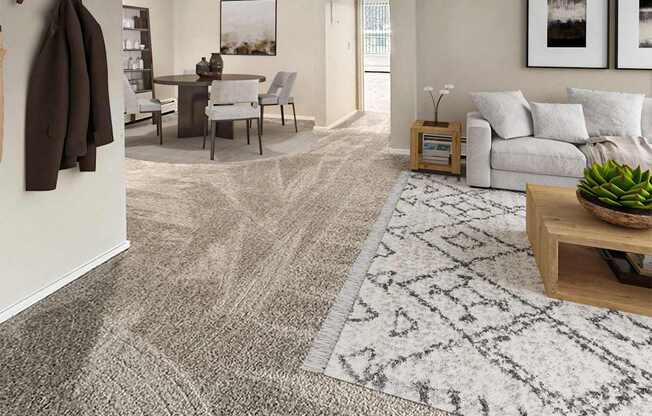 A living room with a grey rug and a brown jacket hanging on the wall.