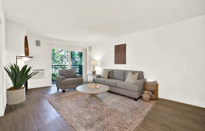A living room with a grey couch and a rug.